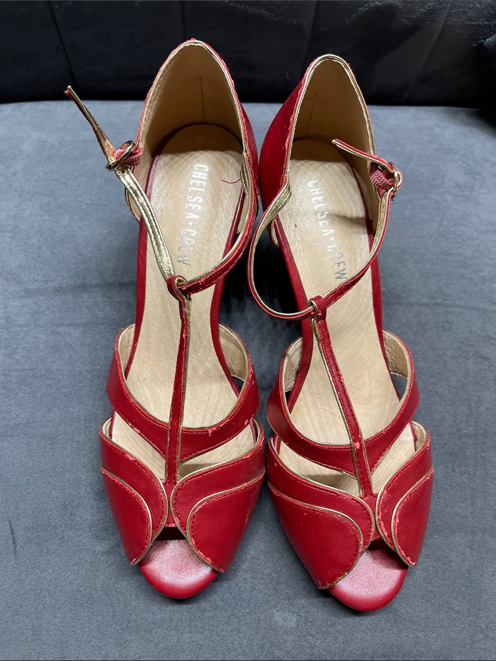 Chelsea Crew Vintage Styled Red T-Strap Peep-Toe Heels with Gold Trim Accents